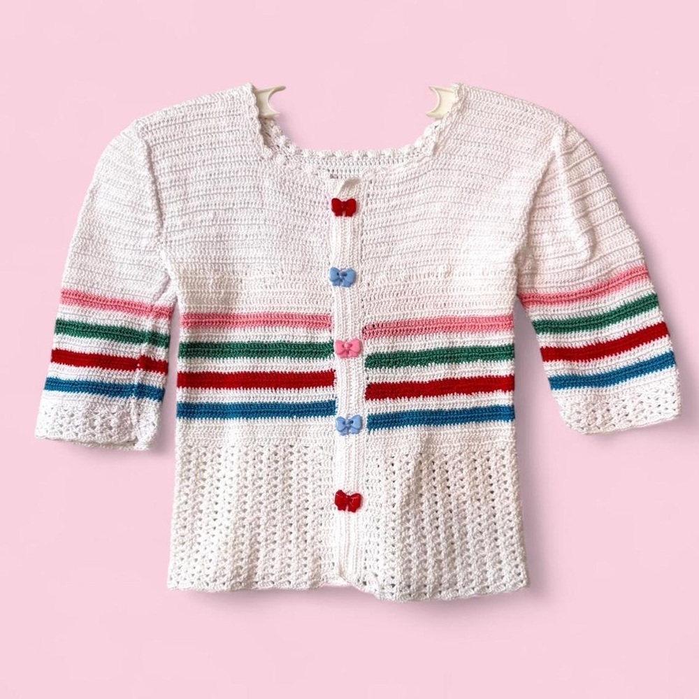 Vintage Crochet Striped Girls Striped Sweater w/Bow Buttons